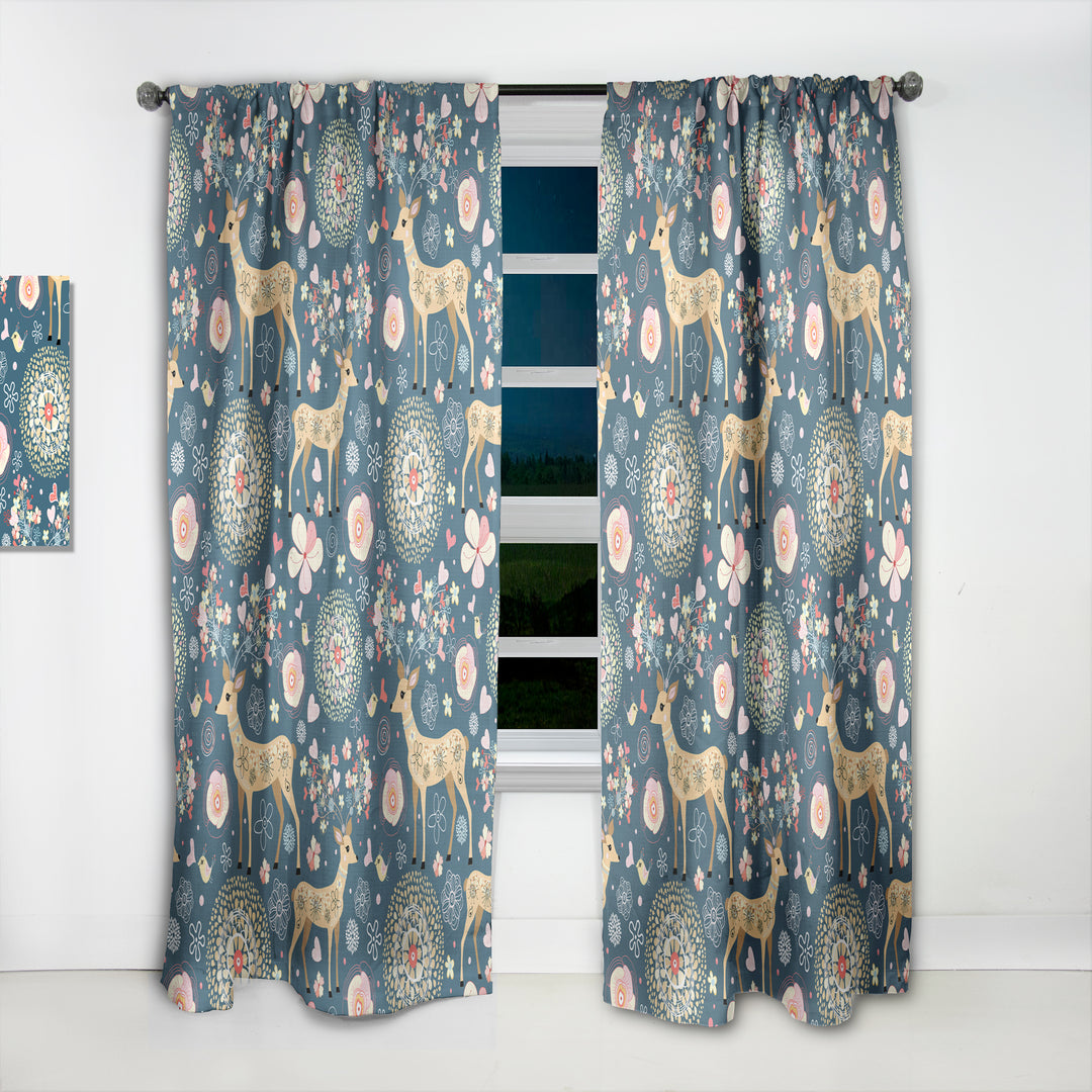 Deer with Flowers and Hearts Antlers - Floral Curtain - 1 Panel