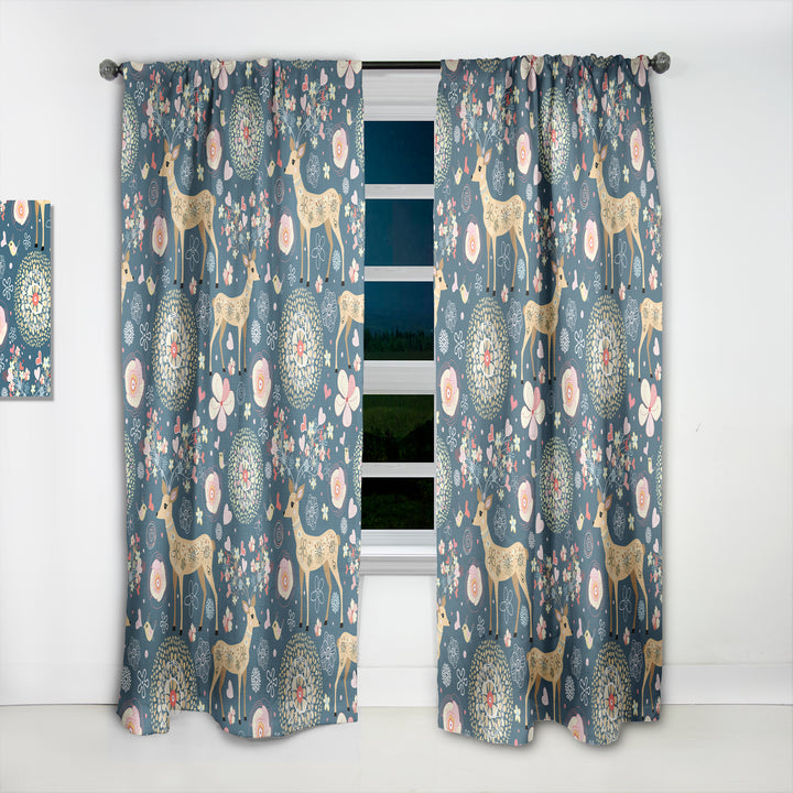 Deer with Flowers and Hearts Antlers - Floral Curtain - 1 Panel