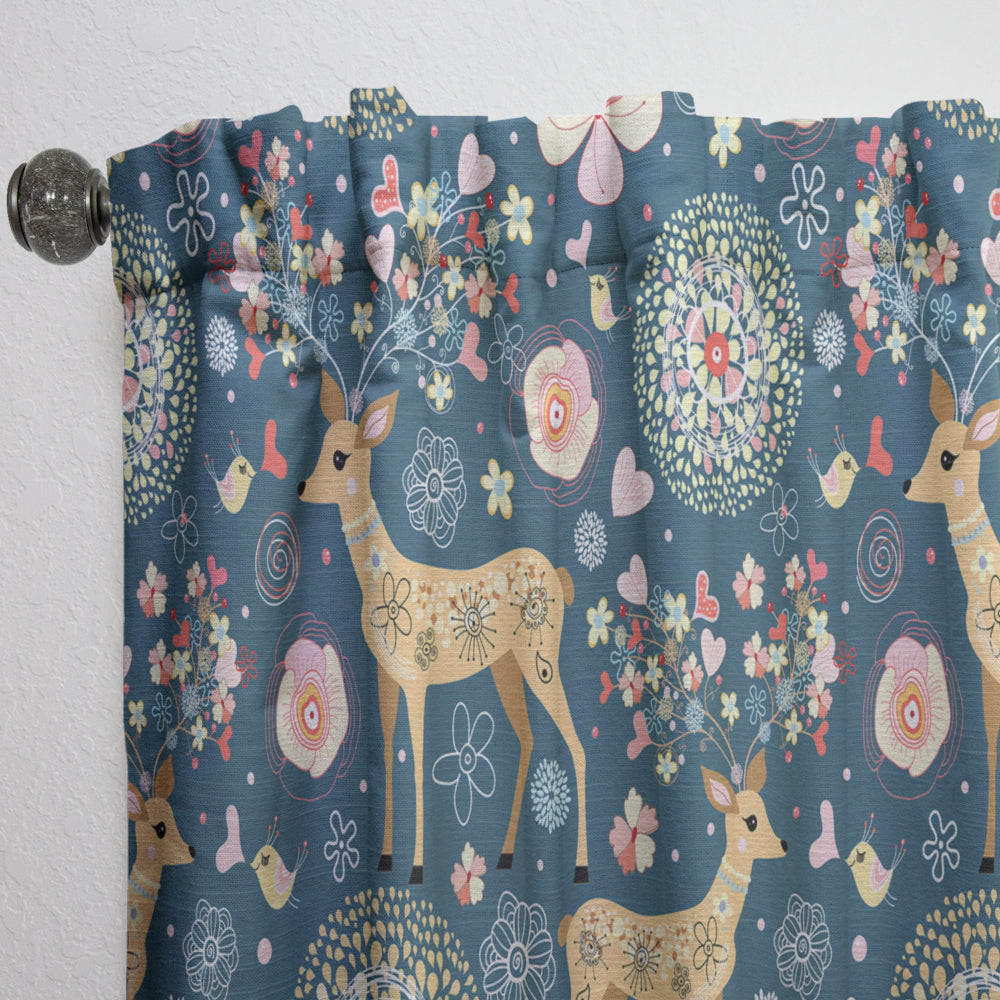 Deer with Flowers and Hearts Antlers - Floral Curtain - 1 Panel