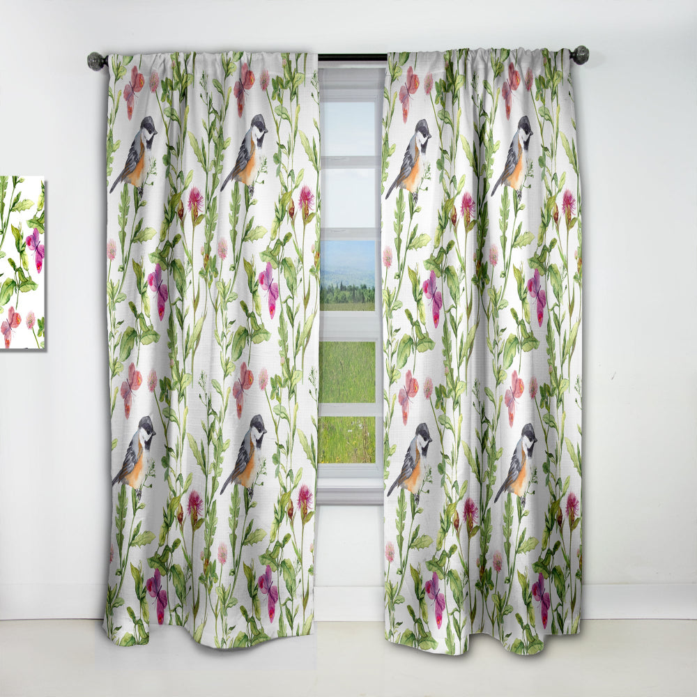 Meadow with Butterflies, Birds and Herbs - Floral Curtain - 1 Panel