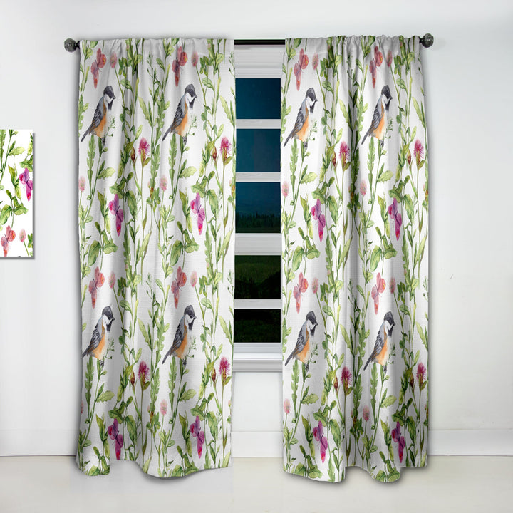Meadow with Butterflies, Birds and Herbs - Floral Curtain - 1 Panel