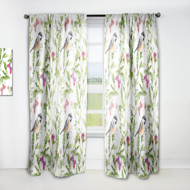 Meadow with Butterflies, Birds and Herbs - Floral Curtain - 1 Panel
