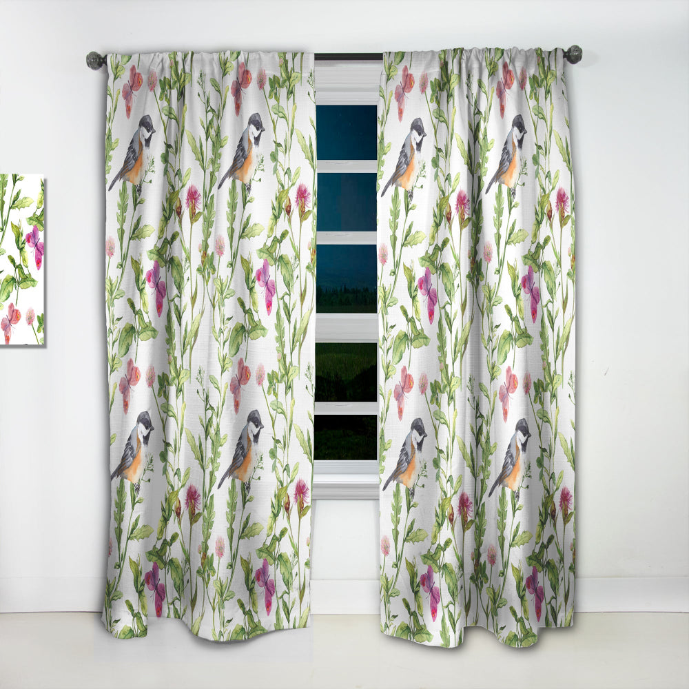 Meadow with Butterflies, Birds and Herbs - Floral Curtain - 1 Panel