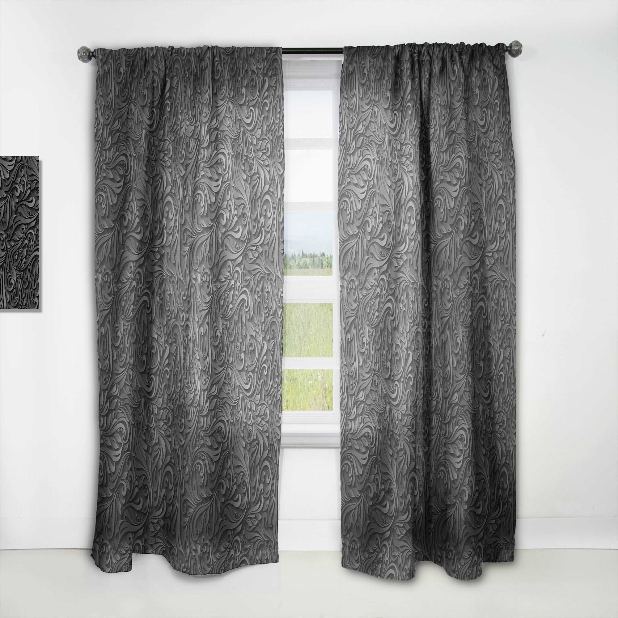 3D leaves in Shades of Black' Modern & Contemporary Curtain Panel Sheer