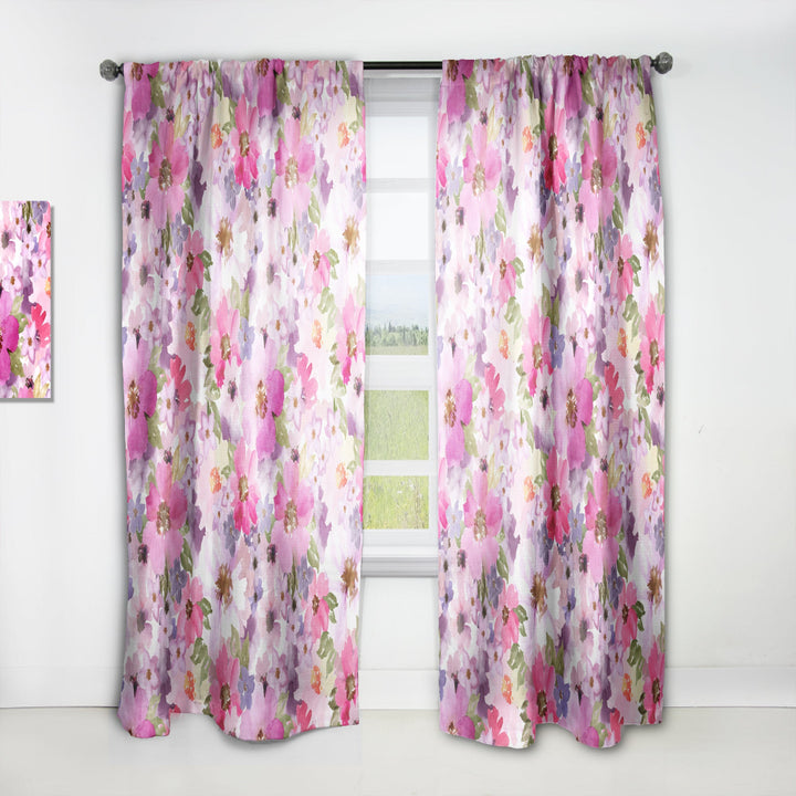 Watercolor Pianted Pink and Purple Flowers - Floral Curtain - 1 Panel
