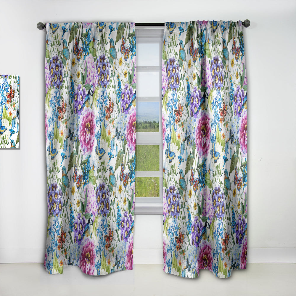 Blue Bird And Blue and Purple Blossoming Flowers - Floral Curtain - 1 Panel