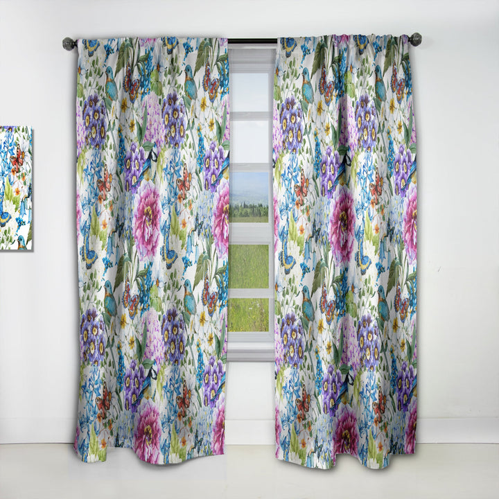 Blue Bird And Blue and Purple Blossoming Flowers - Floral Curtain - 1 Panel