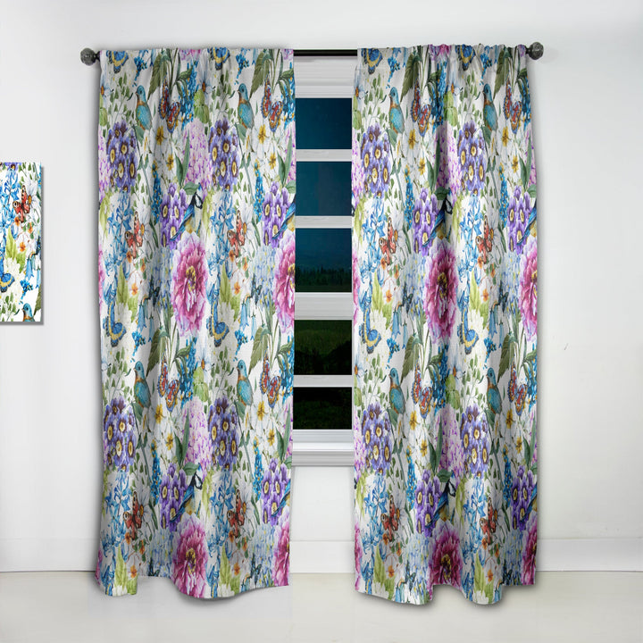 Blue Bird And Blue and Purple Blossoming Flowers - Floral Curtain - 1 Panel