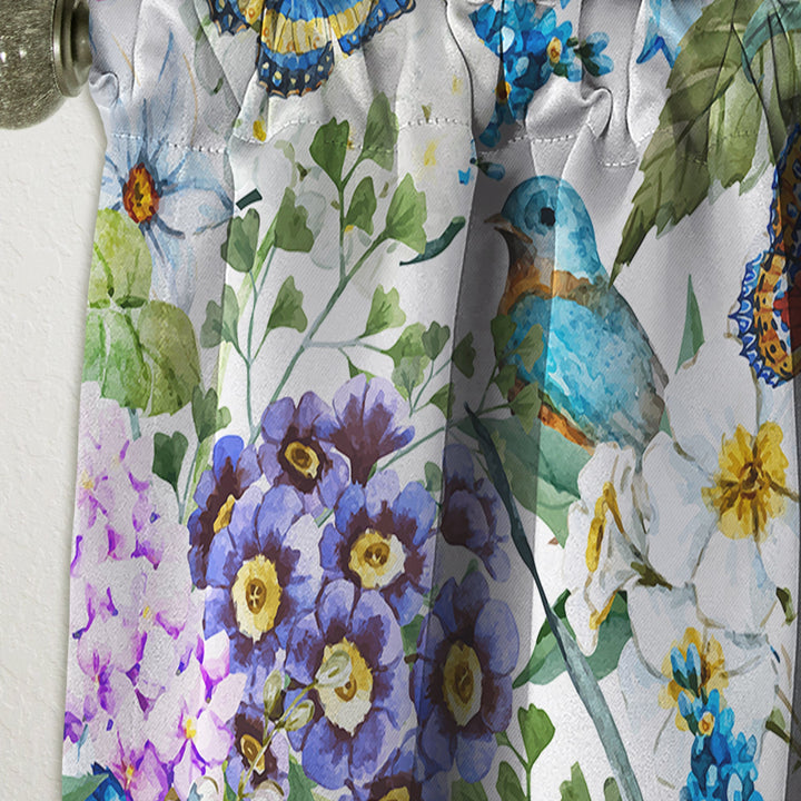 Blue Bird And Blue and Purple Blossoming Flowers - Floral Curtain - 1 Panel