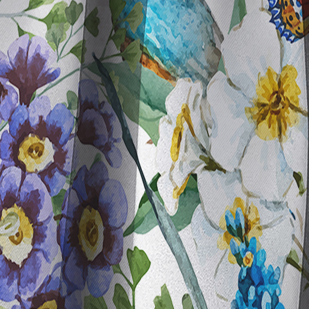 Blue Bird And Blue and Purple Blossoming Flowers - Floral Curtain - 1 Panel