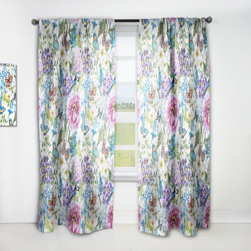 Blue Bird And Blue and Purple Blossoming Flowers - Floral Curtain - 1 Panel