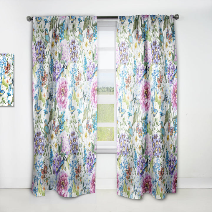 Blue Bird And Blue and Purple Blossoming Flowers - Floral Curtain - 1 Panel