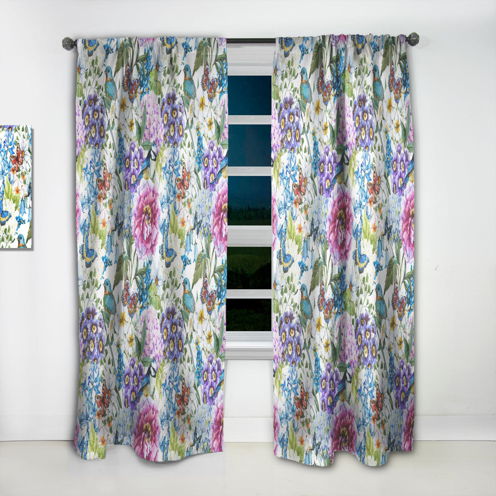 Blue Bird And Blue and Purple Blossoming Flowers - Floral Curtain - 1 Panel