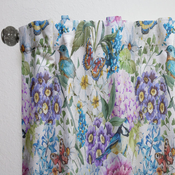 Blue Bird And Blue and Purple Blossoming Flowers - Floral Curtain - 1 Panel