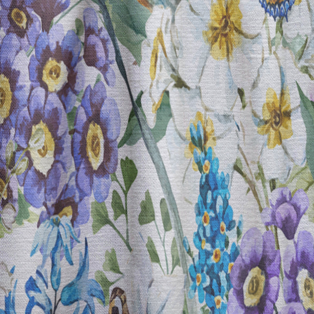 Blue Bird And Blue and Purple Blossoming Flowers - Floral Curtain - 1 Panel