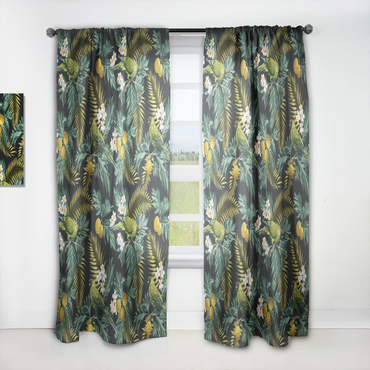 Tropical Leaves with Lemons and Green Bird - Animal Curtain - 1 Panel