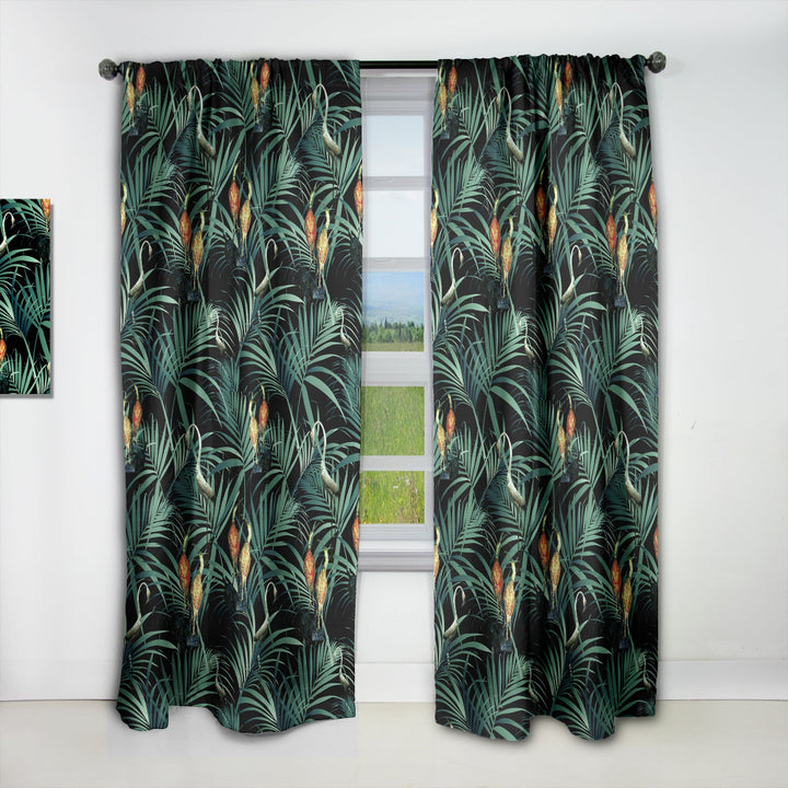 Tropical Yellow Birds On Black With Green Jungle Leaves - Abstract Curtain - 1 Panel