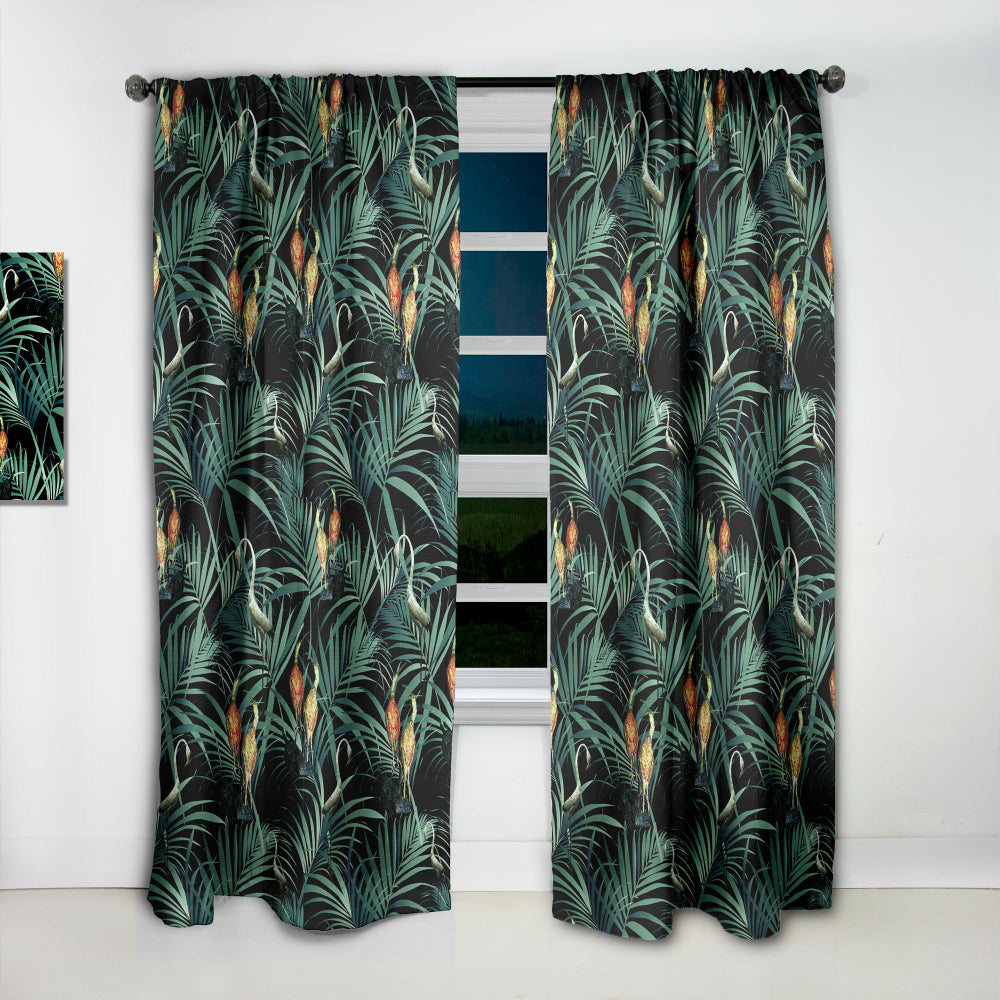 Tropical Yellow Birds On Black With Green Jungle Leaves - Abstract Curtain - 1 Panel