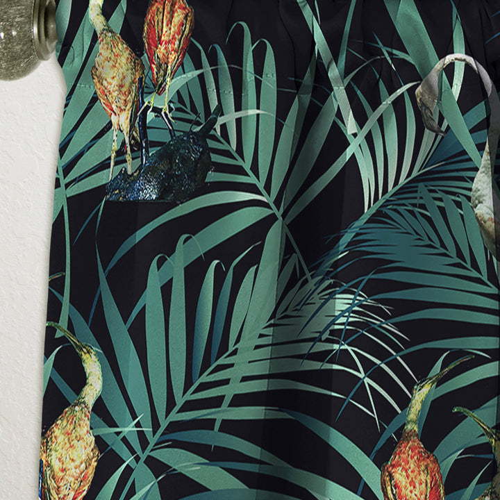 Tropical Yellow Birds On Black With Green Jungle Leaves - Abstract Curtain - 1 Panel