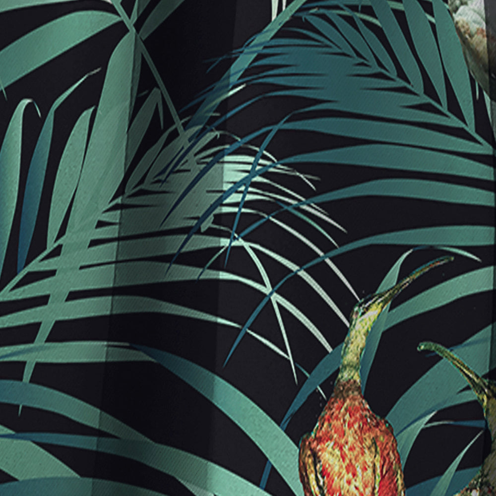 Tropical Yellow Birds On Black With Green Jungle Leaves - Abstract Curtain - 1 Panel