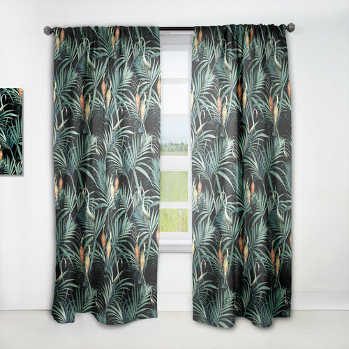 Tropical Yellow Birds On Black With Green Jungle Leaves - Abstract Curtain - 1 Panel