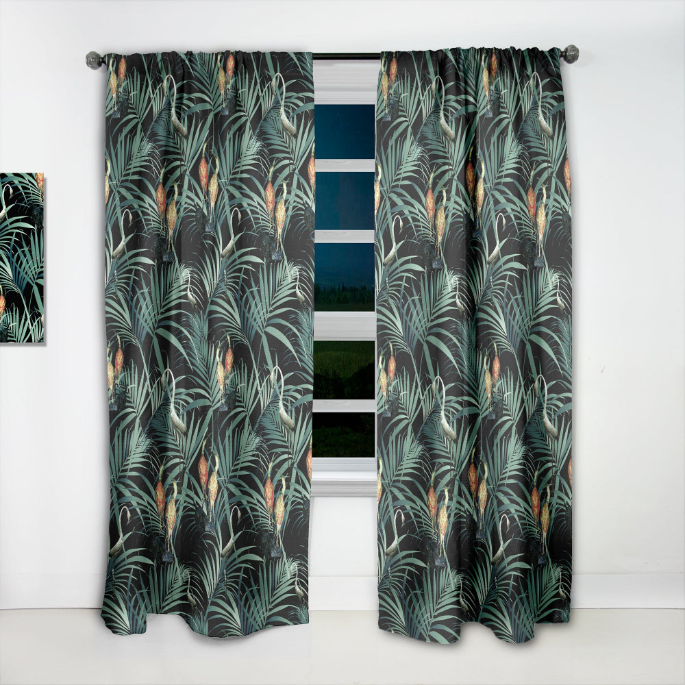 Tropical Yellow Birds On Black With Green Jungle Leaves - Abstract Curtain - 1 Panel