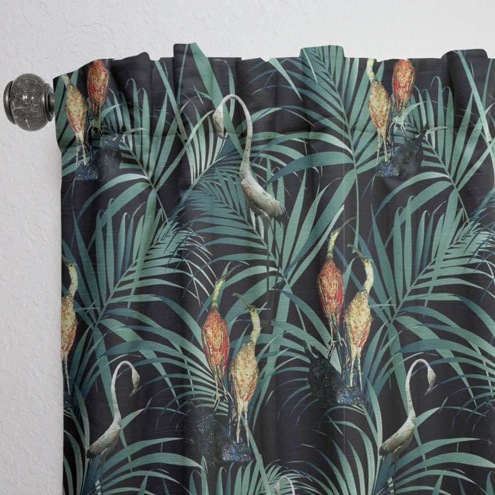 Tropical Yellow Birds On Black With Green Jungle Leaves - Abstract Curtain - 1 Panel