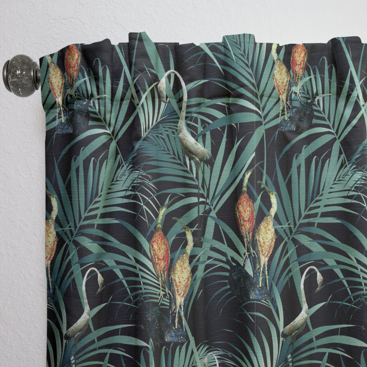 Tropical Yellow Birds On Black With Green Jungle Leaves - Abstract Curtain - 1 Panel