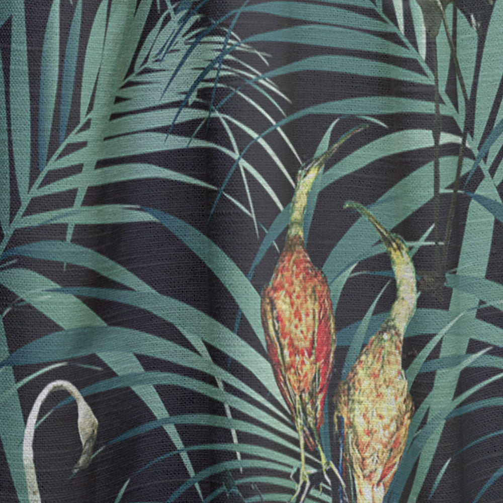Tropical Yellow Birds On Black With Green Jungle Leaves - Abstract Curtain - 1 Panel