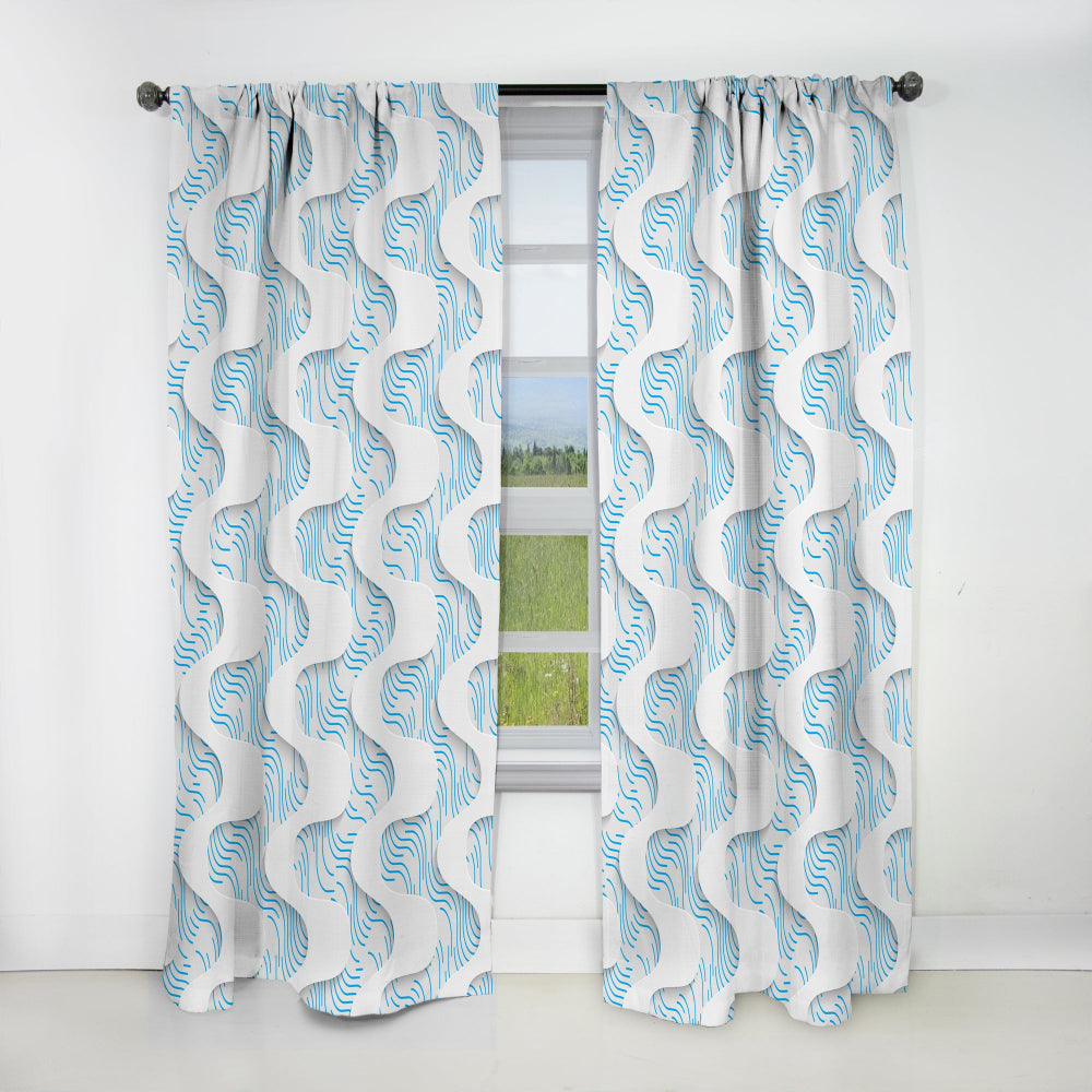 White and Blue 3D Waves - Modern &amp; Contemporary Curtain - 1 Panel