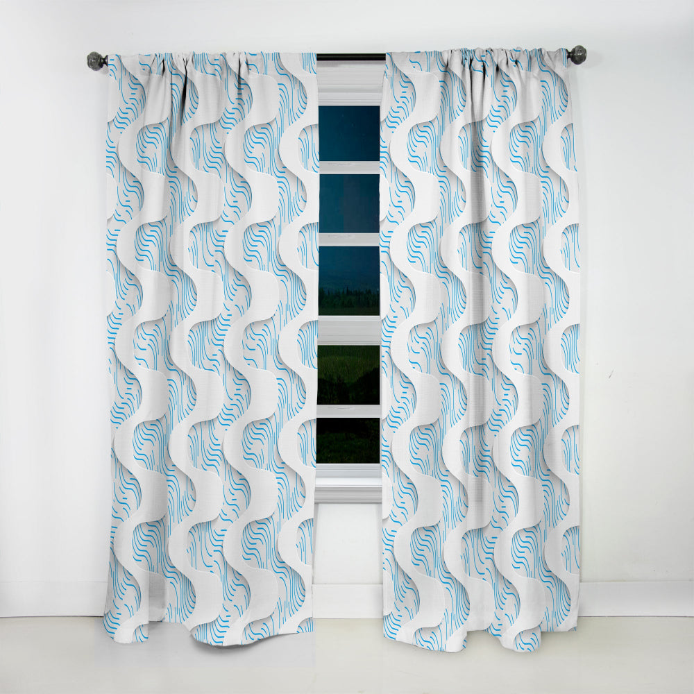 White and Blue 3D Waves - Modern &amp; Contemporary Curtain - 1 Panel