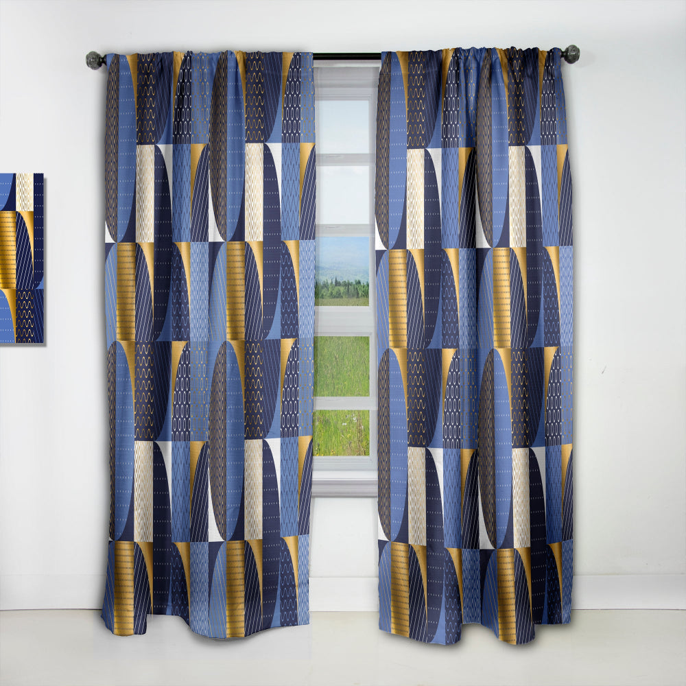 Retro Luxury Waves In Gold And Blue IV - Mid-Century Modern Curtain - 1 Panel