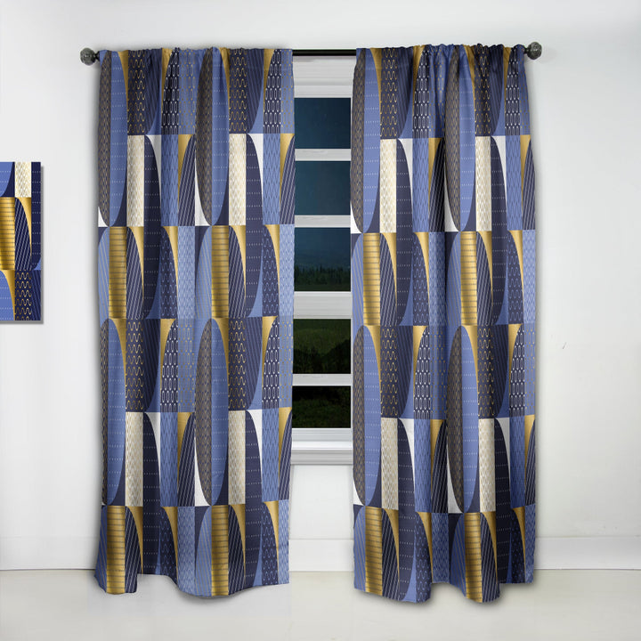 Retro Luxury Waves In Gold And Blue IV - Mid-Century Modern Curtain - 1 Panel
