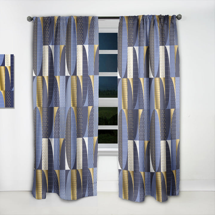 Retro Luxury Waves In Gold And Blue IV - Mid-Century Modern Curtain - 1 Panel