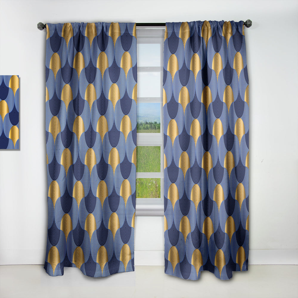 Retro Luxury Waves In Gold And Blue VIII - Mid-Century Modern Curtain - 1 Panel