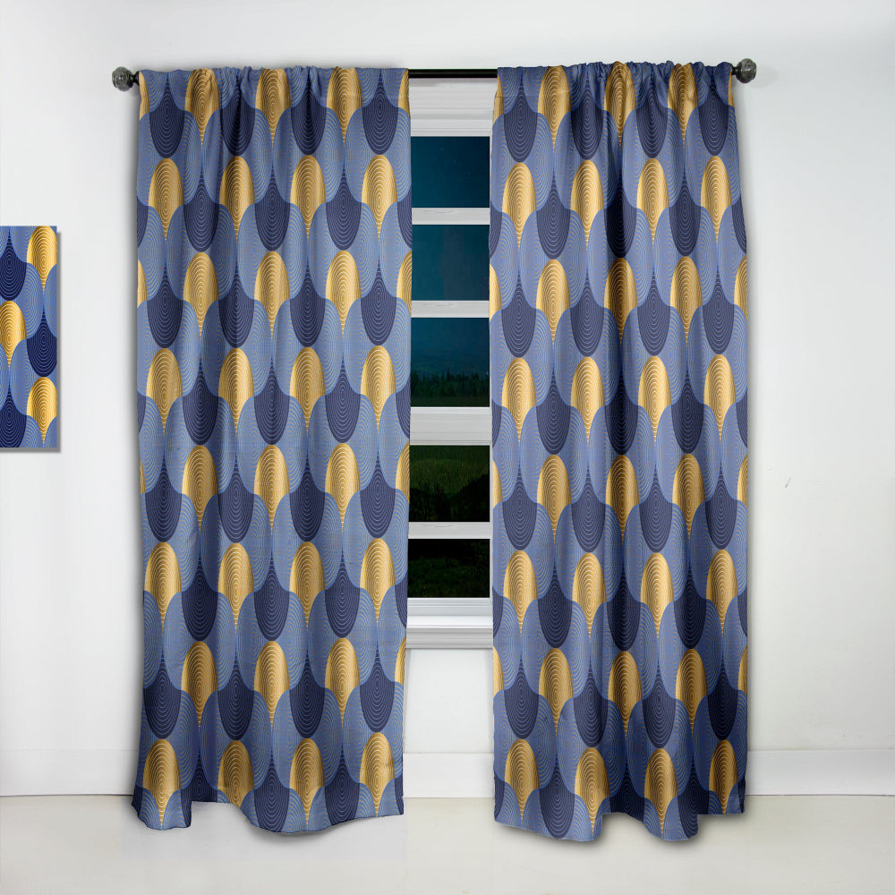 Retro Luxury Waves In Gold And Blue VIII - Mid-Century Modern Curtain - 1 Panel
