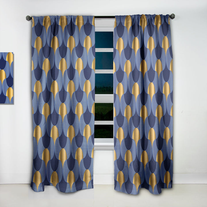 Retro Luxury Waves In Gold And Blue VIII - Mid-Century Modern Curtain - 1 Panel