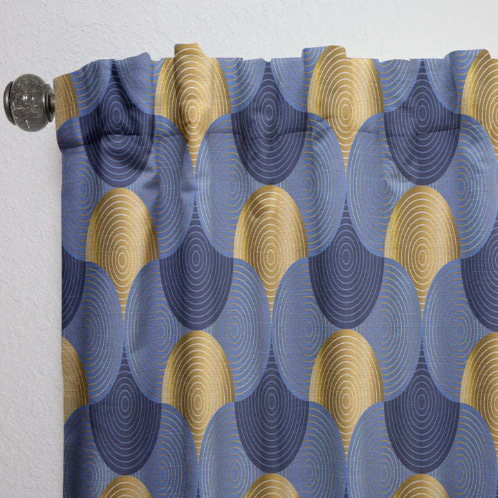 Retro Luxury Waves In Gold And Blue VIII - Mid-Century Modern Curtain - 1 Panel