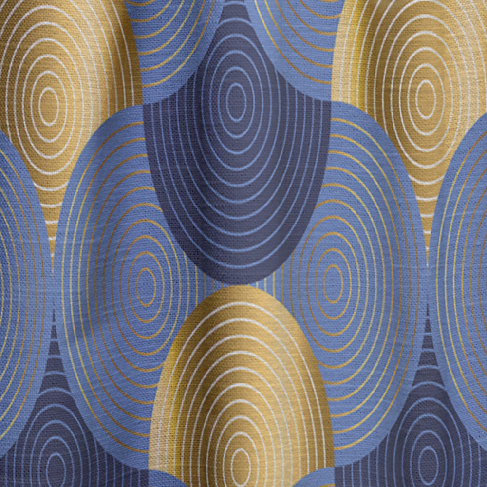 Retro Luxury Waves In Gold And Blue VIII - Mid-Century Modern Curtain - 1 Panel