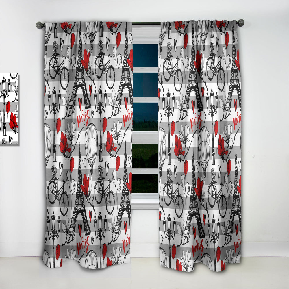Paris Eiffel Red Hearts II - Mid-Century Modern Curtain - 1 Panel