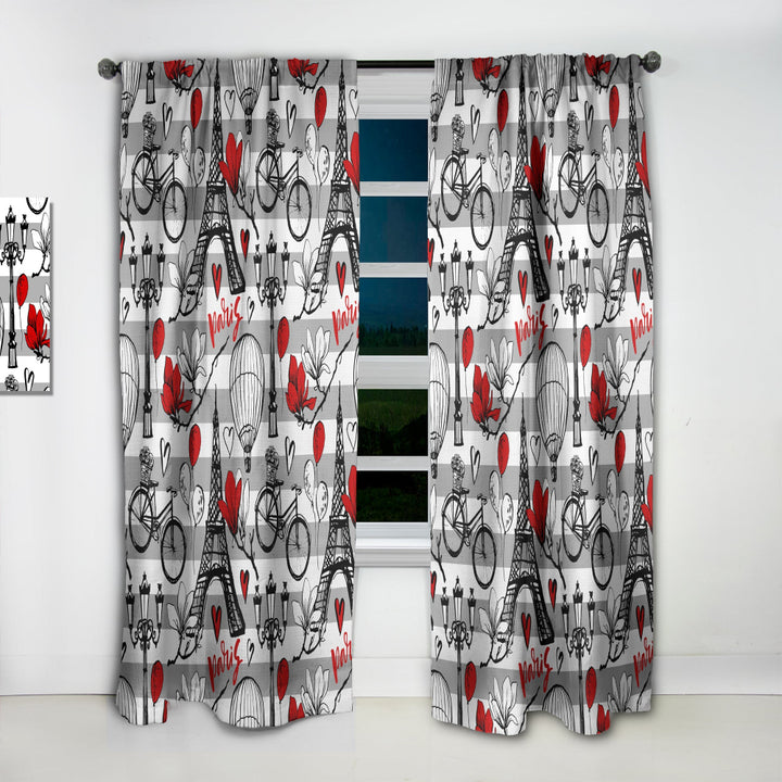 Paris Eiffel Red Hearts II - Mid-Century Modern Curtain - 1 Panel