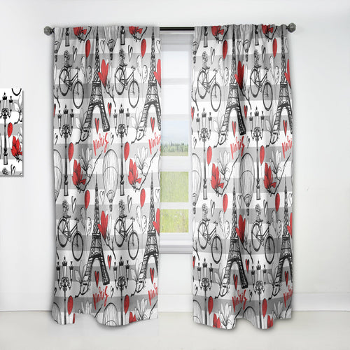 Paris Eiffel Red Hearts II - Mid-Century Modern Curtain - 1 Panel