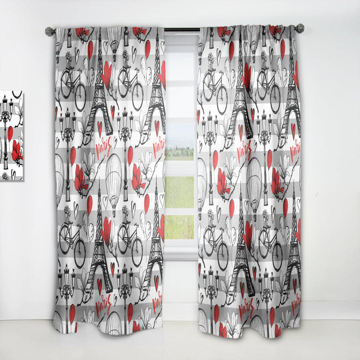 Paris Eiffel Red Hearts II - Mid-Century Modern Curtain - 1 Panel