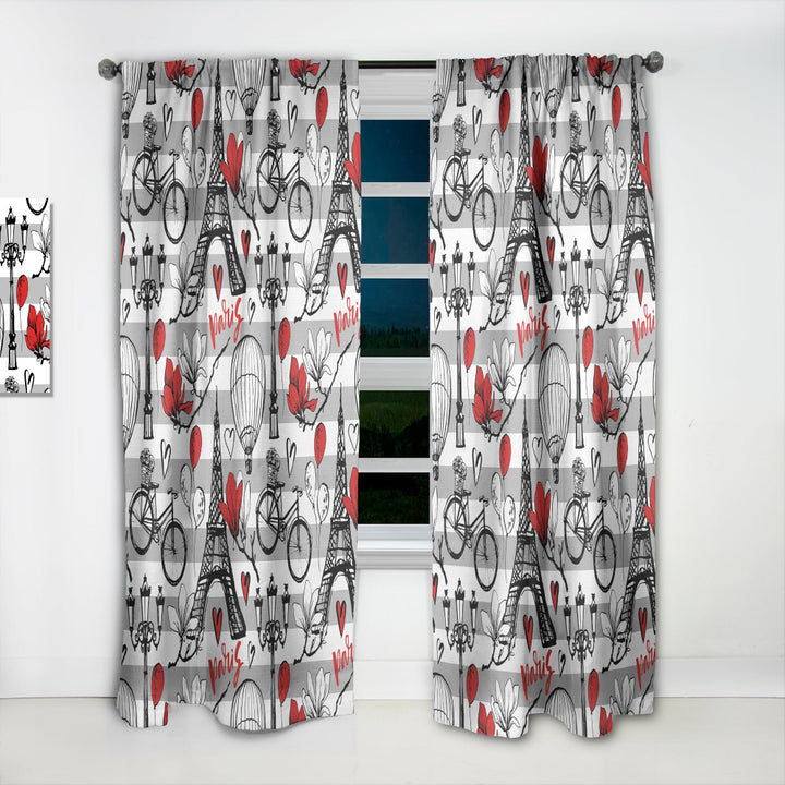 Paris Eiffel Red Hearts II - Mid-Century Modern Curtain - 1 Panel
