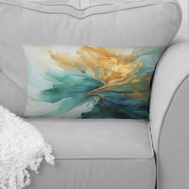 Gold And Teal Aurora Harmony - Abstract Spirals Throw Pillow
