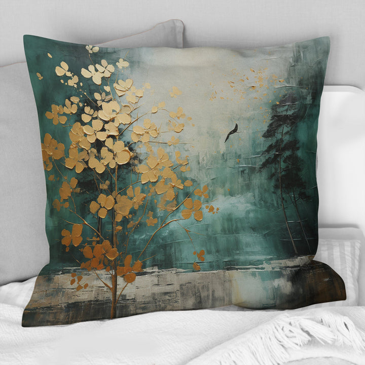 Golden Emerald Forest - Abstract Spirals Throw Pillow