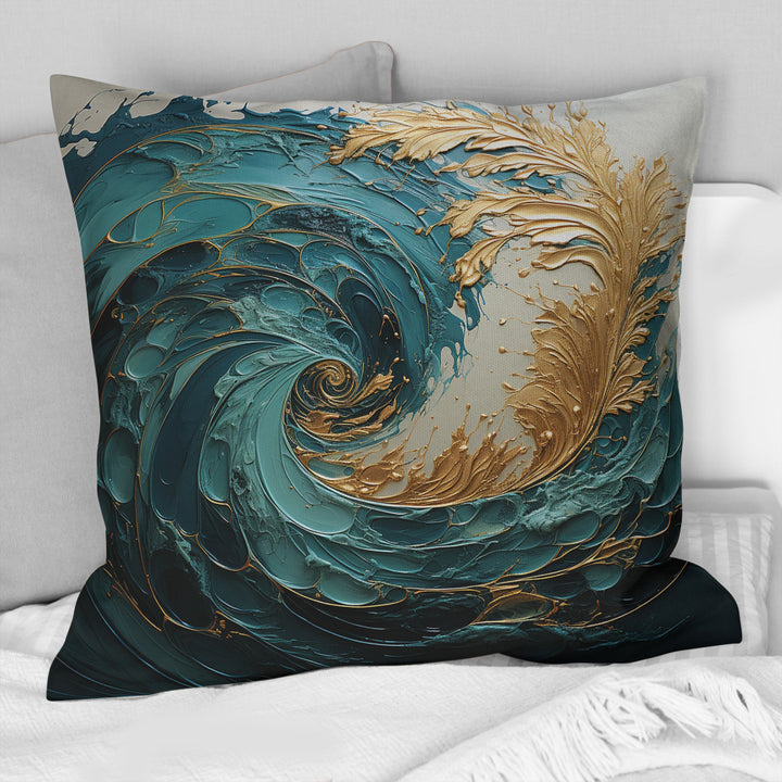 Gold Teal Ocean Spiral V - Abstract Spirals Throw Pillow