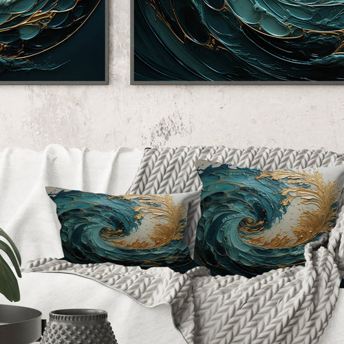 Gold Teal Ocean Spiral V - Abstract Spirals Throw Pillow