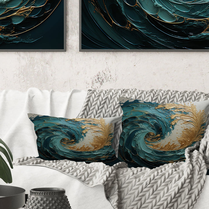 Gold Teal Ocean Spiral V - Abstract Spirals Throw Pillow