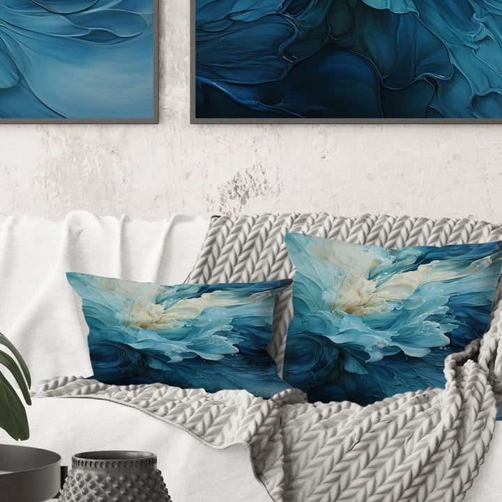 Aqua Blue And White Serenity Swirl III - Abstract Spirals Throw Pillow